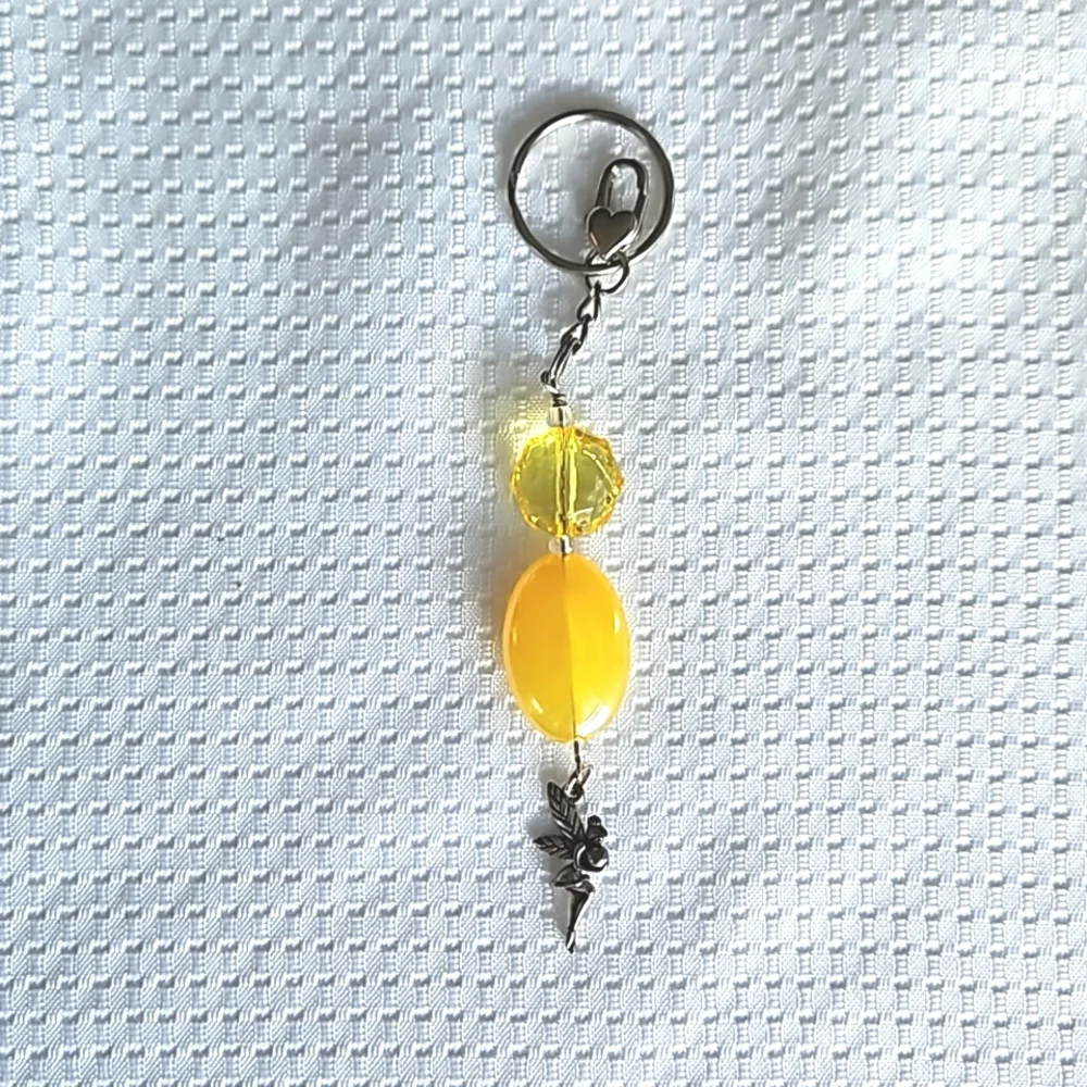 Romantic Sparkling Fairy Charm Keychain with Yellow-Gold Toned Beads Handmade